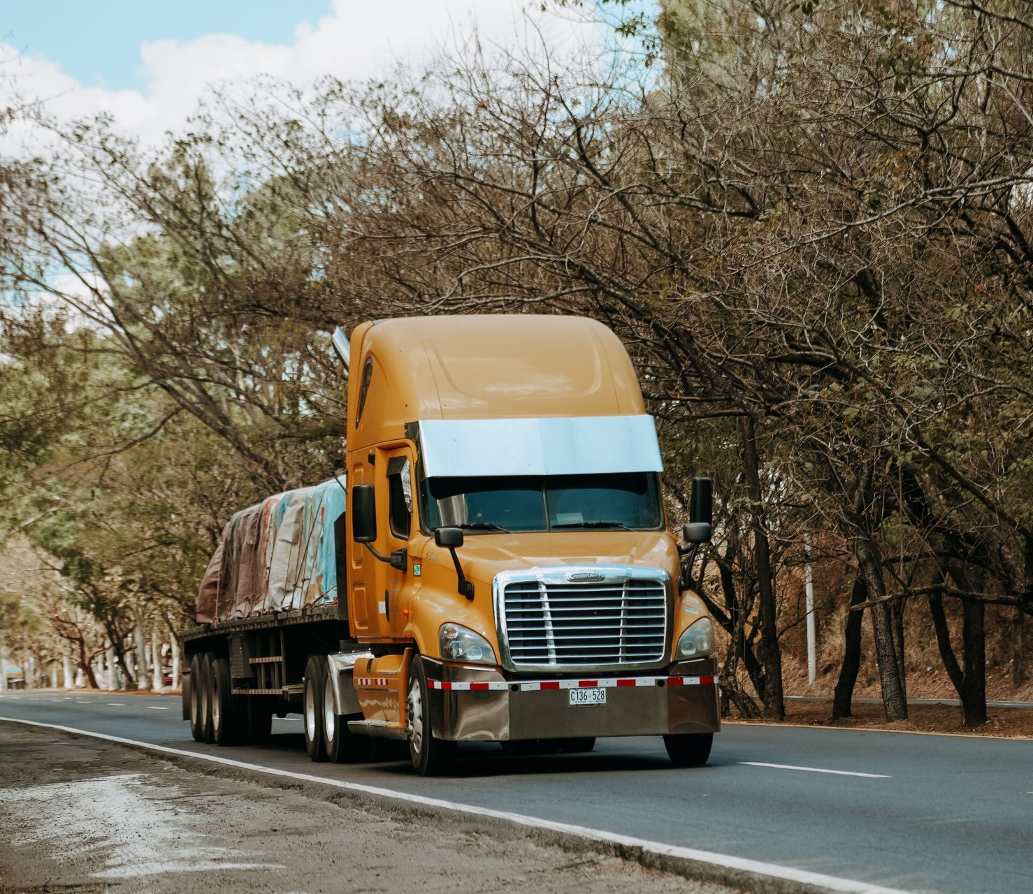 A yellow freight truck travels on a rural road lined with trees, capturing the essence of transport in El Salvador.