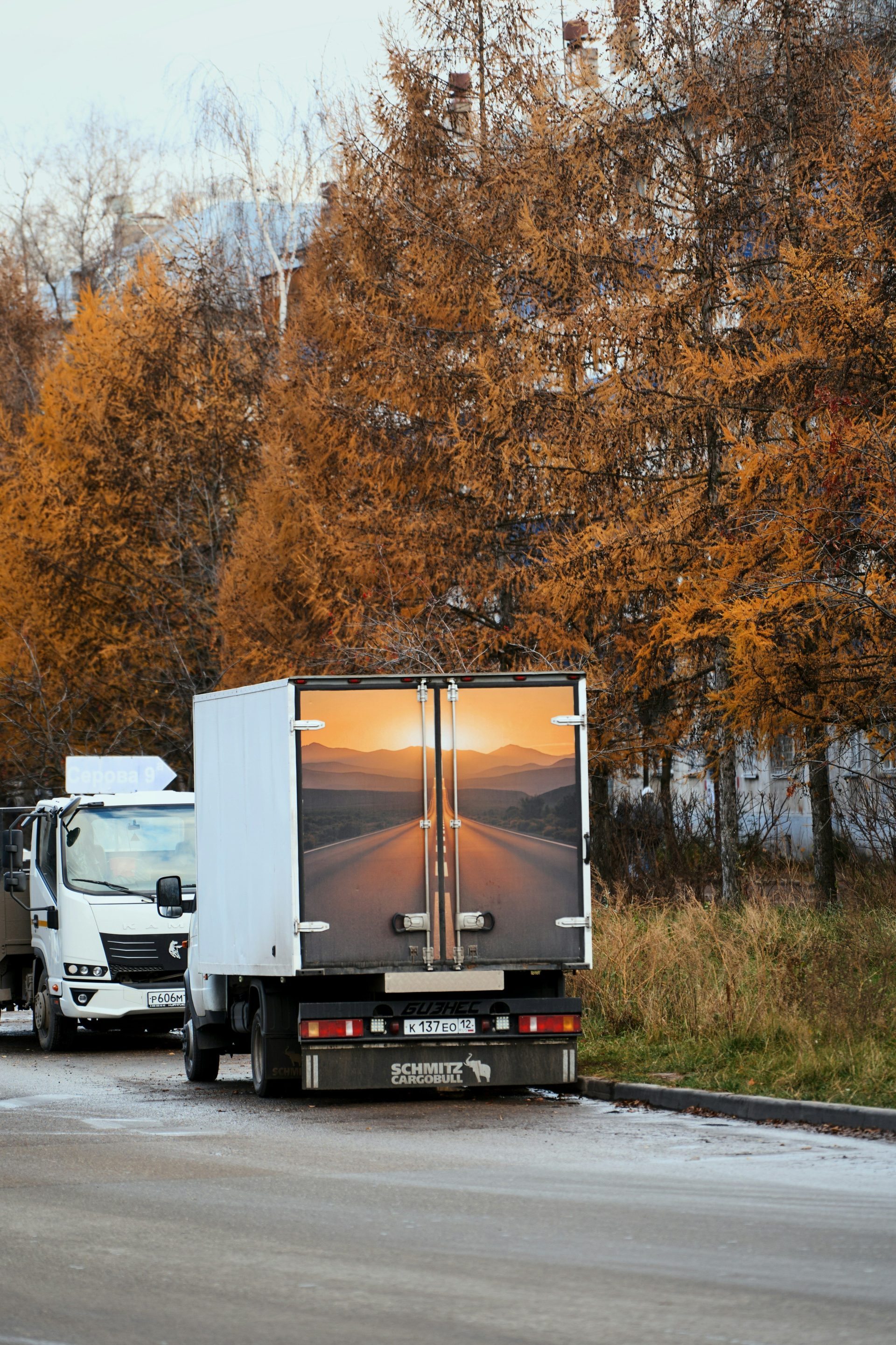 White truck with a scenic road sunset decal.